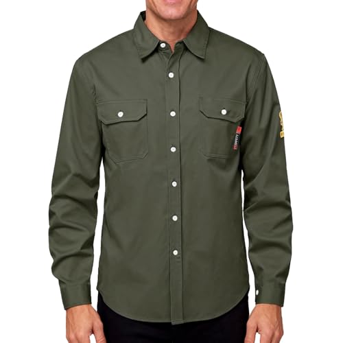 FFTSAFEWARP FR Shirts 7oz Flame Resistant Shirts 100% Cotton CAT2 Fire Retardant Welding Shirt for Men(Dark Green M)