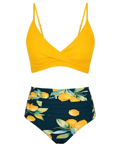 Image of Amy Babe Women's High Waisted Bikini Sets Push Up Twist Front Spaghetti Straps Ruched Two Piece Swimsuit Bathing Suit