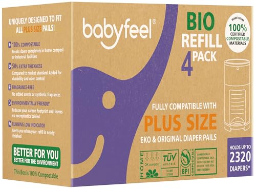 Image of Babyfeel BIO Refills Compatible with DEKOR PLUS Diaper Pails | 100% Compostable | 4 Pack | 50% Extra Thickness | Compost Refill bags with Running Low Indicator | Powerful Odor Control | Fragrance-free