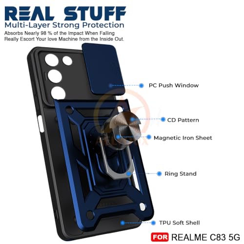 Image of Armor Bumper Back Cover Case for Realme C83 5G | Rotating Camera Cover, Ring Holder & Kickstand | Heavy Duty & 360 Degree Protection Realme C83 5G Back Cover (Blue)