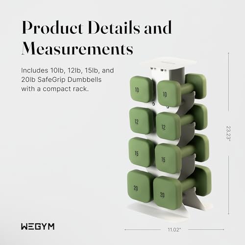 WeGym SafeGrip Square Dumbbells with Anti-Slip Handles, Safe Weight Lifting Equipment for Home Gym, Aesthetic Dumbbell Sets (Essential Set 10+12+15+20LB Pair with Sandstone Rack - Forest Set)
