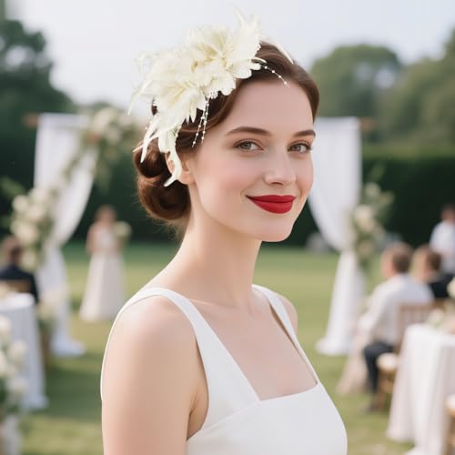 image for Pistha Womens Fascinators Hats Tea Party Hats for Women, Feather Pearl