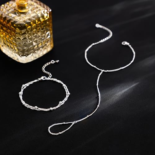 Hand Chain Siver Bracelet for Women, Silver Beaded Ring Hand Chain Finger Ring Cubic Zirconia Dainty 14K Gold Plated Cross Bracelet Chains for Women Simple Body Jewelry4