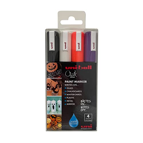 uni-ball PWE-5M Lot de 4 marqueurs à craie liquide effaçables pour tableaux, tableaux noirs, tableaux blancs, verre, miroirs, plastique, fenêtres, métal, tons Halloween, pointe ogive, 5 mm