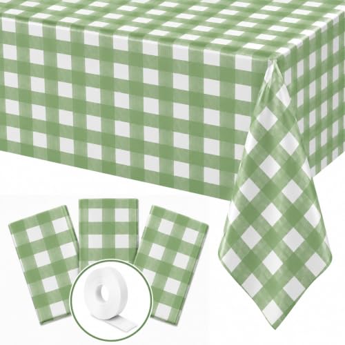 Image of Blue Orchards Sage Green Gingham Table Cover (Pack of 3 with 20 Glue dots) - 54 inchx108 inch XL - Sage Green and White Checkered Picnic Tablecloth, Baby Shower Decoration, Outdoor Birthday Party Supplies