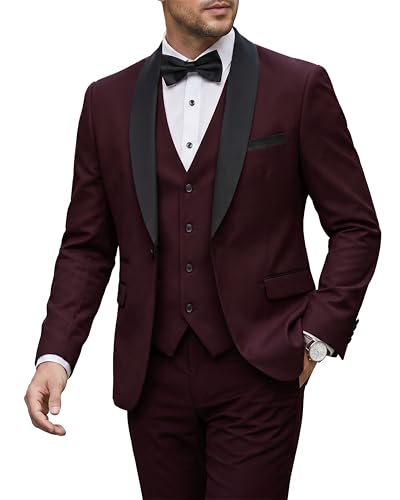 Image of MY'S Mens 3-Piece Suit Shawl Lapel One Button Tuxedo Winter Fabric Slim Fit Premium Dinner Jacket Vest Pants & Tie Set