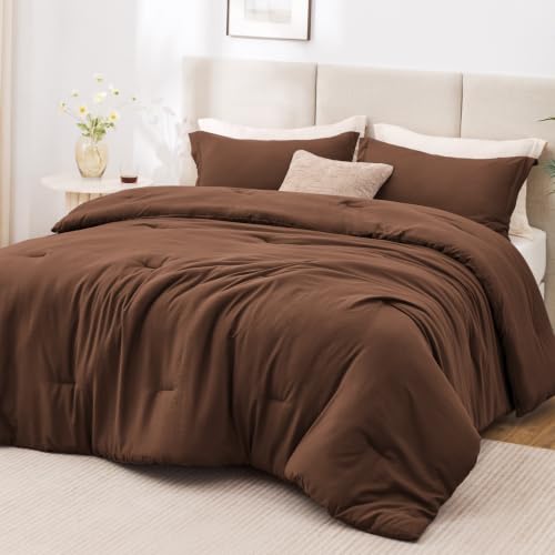 Image of Love's cabin Brown Full Comforter Set, 3-Piece Prewashed Bed Set with 1 Comforter (79 x 90 in) & 2 Pillowcases, Lightweight & Breathable for All Seasons