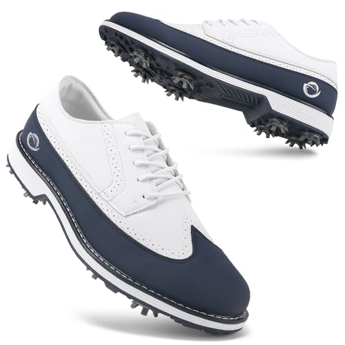 Ifrich Men's Professional Golf Shoes Man Spikes Golf Sneakers Male Golf Footwears Men Golf Walking Training Shoes (White Blue,10.5)