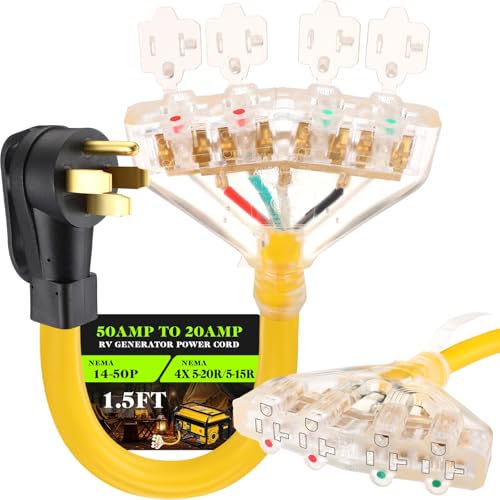 Tellegloww 1.5FT 50 Amp to 20 Amp 110V RV Distribution Adapter Compatible with NEMA 14-50P to 4X 5-20R/ 5-15R 4 Prong RV Generator Dryer Wall Socket to Four Household Outlet with Dust Protection Cap