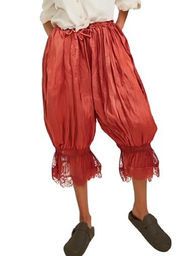 Image of Women Lace Trim Long Bloomer Pants Ruffle Pantaloons | Lace Hem Pettipants Pantaloons, Elastic Waist Flared Cropped Slips Pants, Vintage Cropped Pajama Bottoms, Victorian