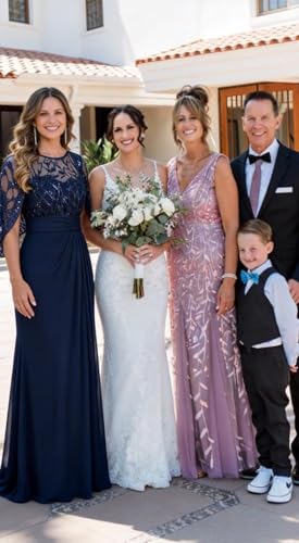 Image of Mother of The Bride Dresses - Long Chiffon Lace Appliques Cape Sleeve Ruched Waist Formal Evening Gown for Women