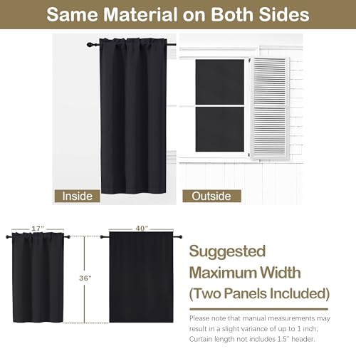 Image of Black Blackout Curtains for Small Window Treatment, Light Blocking Short Kitchen Window Curtains Over Sink, Dual Rod Pocket Half Window Tiers for Bathroom Basement, Each 40 inch Wx36 L, 2 PCS