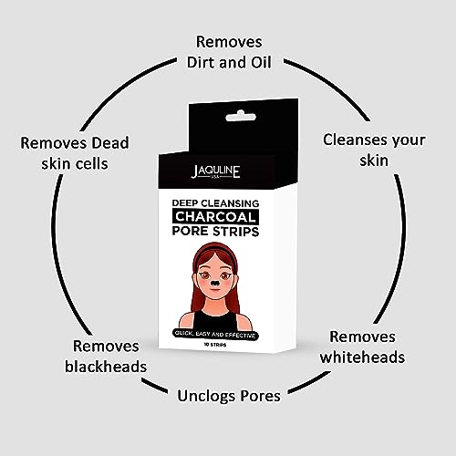 Image of JAQULINE USA Charcoal Nose Pore Strips | Deep Cleansing Nose Strips for Blackhead & Whitehead Removal | Infused with Bamboo Charcoal & Aloe Vera | Unclogs Pores & Removes Oil & Dead Skin - 10 Strips