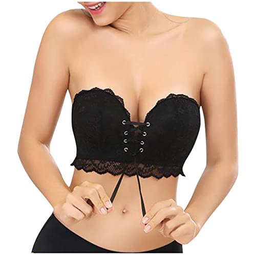 Women Front Lace up Bra Solid Strapless Invisible Underwear Push Bandeau Comfortable Plunge High Support Bralette Wireless Padded Black