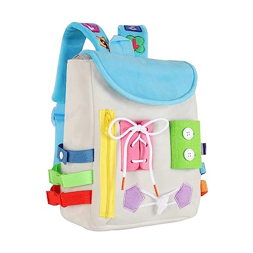 Image of Busy Board - Toddler Backpack with Buckles and Learning Activity Toys - Develop Fine Motor Skills and Basic Life Skills - Learn to Tie Shoes - Children's Travel Toy (Grey)