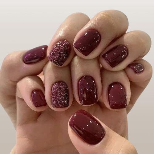 HariPrabodham 12 Pcs Press-on Nails Set, Burgundy Red with Rose Gold Glitter Accent, Coffin Shape, Professional Manicure Style, Long Length-image-18