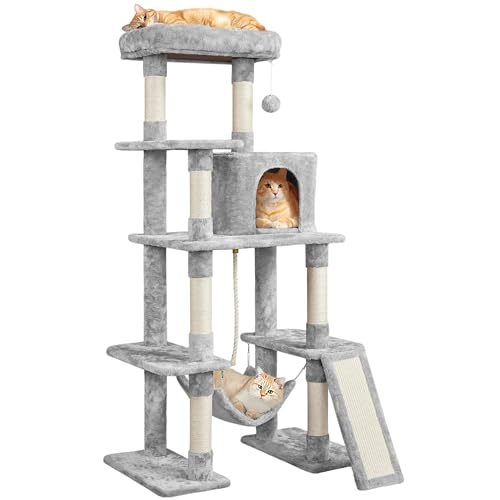 Image of Yaheetech Cat Tree Tower for Large Cats, Multi-Level Condo & Hammock | Sisal posts, scratch board, roomy condo, hammock, and a wide 21-inch top perch fit large cats; condo holds up to 22 lb