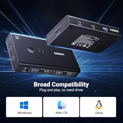 UGREEN HDMI KVM Switch 1 Monitor 2 Computers with 4 USB 3.0 Ports 4K@60Hz KVM Switches for 2 Computers Share Monitor Keyboard Mouse Printer with 2 HDMI Cables, 2 USB Cables, Power Adapter, Controller by UGREEN - Image 8