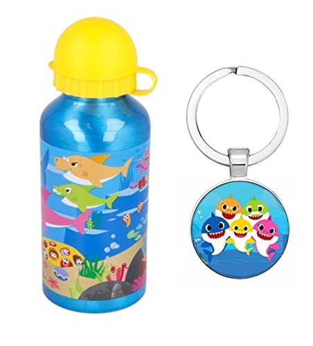 Baby Shark Characters - Botella deportiva de aluminio de 400 ml, para vacaciones, regreso a la escuela, para beber agua, almuerzo, incluye llavero Baby Shark Cover