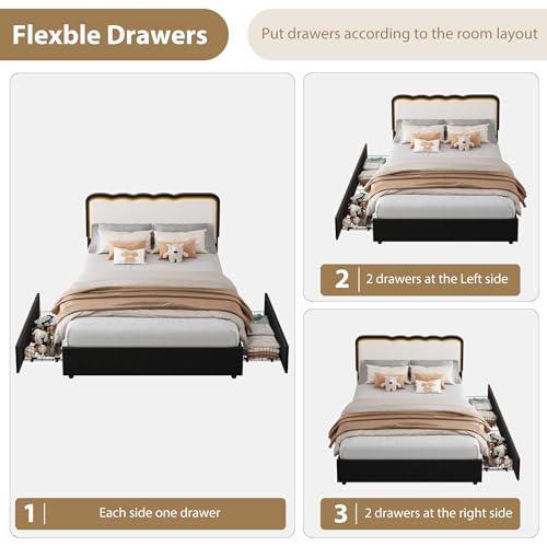 Image of Garvee Irregular Wave LED 2-Drawer Soft Upholstered Bed, Soft Padding