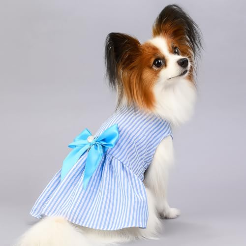 Image of KUTKUT cotton Small Dog Stripe Dress for Girl Puppy Clothes Female Princess Tutu Skirt Summer Shirt for Shihtzu, Maltese Cat Pet Apparel Outfits (Size: L, Chest: 45cm, Length: 35cm, Blue, 1 count)