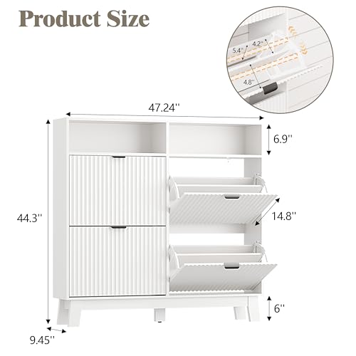 Image of Shoe Cabinet Storage for Entryway with 4 Flip Drawers, Fluted Narrow Shoe Organizer with Wooden Legs & Top Cubby, Freestanding Slim Shoe Storage Hidden Shoe Rack for Front Door Entrance, White