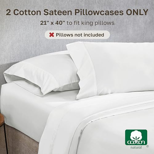 Image of California Design Den King Size Pillowcase Set - 400 Thread Count, 100% Cotton Sateen, Set of 2 Pillow Covers, Soft and Breathable - Antique White
