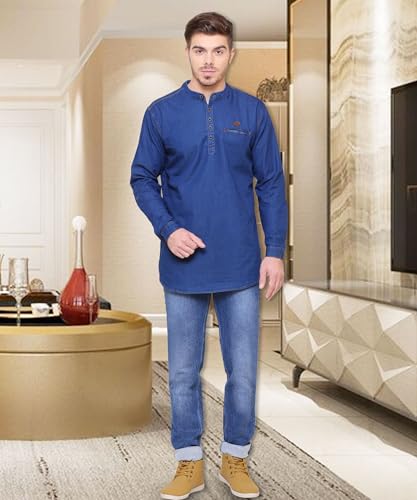 Image of Kuons Avenue Men's Denim Casual Short Kurta | Mandarin Collar | Full Sleeves | Tailored Fit- Stylish Ethnic Wear
