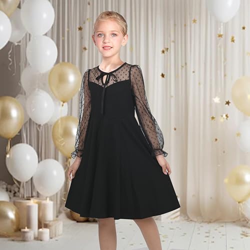 Sunny Fashion Girls Dress Black Floral Lace Sheer Mesh Long Sleeve Hollow V-Back2