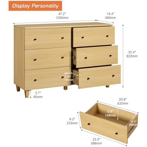 Image of WAMPAT Bedroom Dresser with 6 Drawers, Modern Chest of Drawers with Black Knobs, Wide Oak Wood Finish Storage Organizer for Kids Room, Living Room, Nursery, 47.2x15.5x32.4