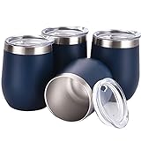 4 Pack 12Oz Stemless Wine Tumbler Wine Glasses Set Stainless Steel Wine Tumbler Cups with Lid and Straw Set of 4 Shatterproof - Novelty Gifts for Men Women or Family Party Use, Navy Blue