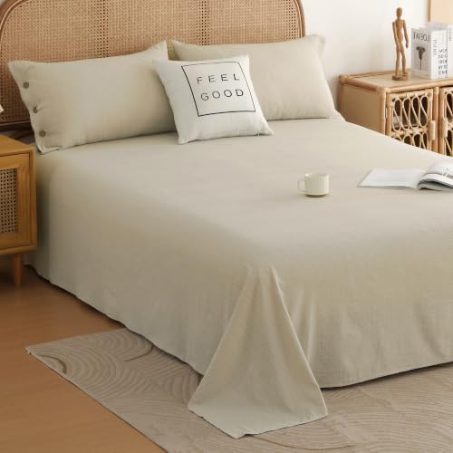 Image of Story@Home Linen King Size Bedsheet Cotton Textured Flat Sheet with 2 Pillow Covers Super Soft Bed Sheet for King Size Bed | 300 TC Solid Pattern | 250 x 270 cm | Beige