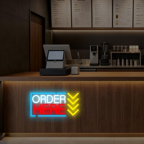 Image of Order Here Neon Sign Coffee Restaurant Ordering Area LED Light | Shop Opening Gift USB Powered Dimmable Oder Sign Cafe Bar Decor Business Wall Decoration 16.5 inchx8.7 inch