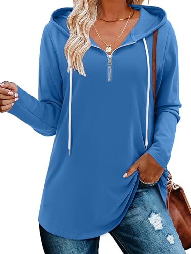 BETTE BOUTIK Womens Quarter Zip Tunic Hoodies Pullover Long Hooded Sweatshirts S-3XL