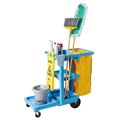 Image of Rubbermaid Commercial Products Traditional Janitorial 3-Shelf Cart, Wheeled with Zippered Yellow Vinyl Bag, Blue, 38.4 inch x 21.8 inch x 46 inch