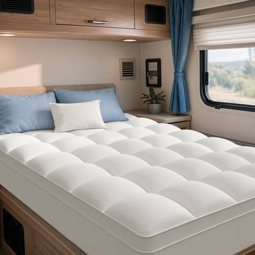 Image of ELEMUSE RV Short Queen Mattress Topper, Thick Pillow Top Mattress Pad | Overfilled down alternative filling adds plush comfort. Deep pocket design, ideal for campers and travel trailers.