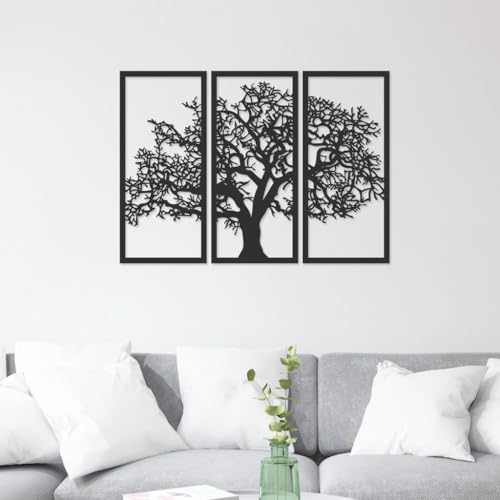 Quadro Decorativo Árvore da Vida, Preto, MDF, 3 Painéis, 60x40 cm, Estilo Moderno, Arte de Parede para Sala de Estar