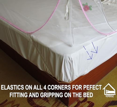 Image of VERDIOZ Mosquito Net for Double Bed King Size with Multicolor 3cm Glittery Star Design | Strong 28 GSM White Net | White PVC Coated Steel Wire | 2 Doors Foldable Machardani - (Pink with Stars)