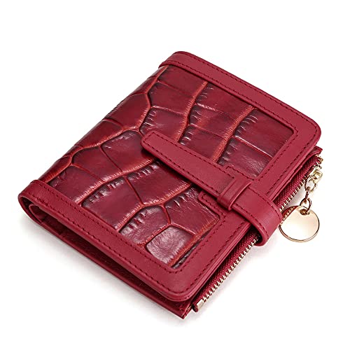 Genuine Leather Women Lady Bifold Fashion Card Case Handy Wallet Zipper Coin Case Pocket Purse Crocodile Embossed (Red)2