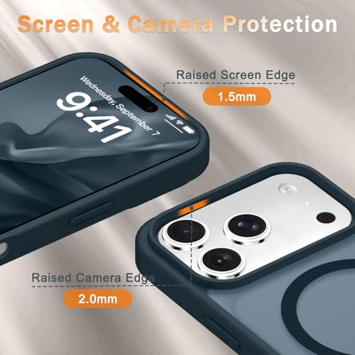 Image of YENAPOON for iPhone 17 Pro Max Case, Matte Magnetic Phone Cover [with 1 Screen Protector] [Support for MagSafe] [Shockproof Military Grade Protection] Translucent Frosted Back, Navy Blue