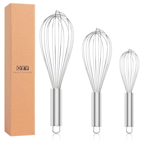 304 Stainless Steel Whisk Set, Dishwasher Safe Metal Whisk, Professional Balloon Wire Whisks for Kitchen Cooking, Perfect For Blending, Whisking, Baking, Beating, 3 Packs (8″ 10″ 12″)