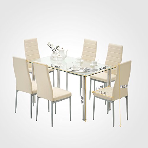 Mecor 7-Piece Glass Kitchen Dining Table Set, Glass Top Table with 6 Faux Leather Chairs Breakfast Furniture(Beige)