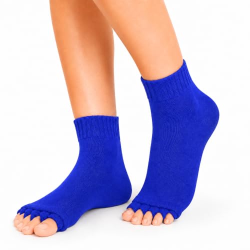 Image of Foot Alignment Orthopedic Cotton Socks for Men & Women | Five Toe Separator | Foot Pain Relief | Bunion Corrector | Plantar Fasciitis Support | Improves Posture & Flexibility | Free Size | Royal Blue | 1 Pair