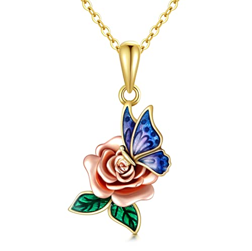 Sisgem 10K Real Gold Butterfly Rose Necklace For Women Girls,Yellow/Rose Gold Rose Flower Pendant Necklace Dainty Rose Butterfly Jewelry Gifts For Birthday Christmas 16+1+1 Inch (10K Gold-Yellow) #TOP5