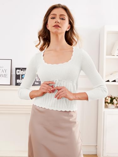 Image of Women's Tie Front Knit Cropped Sweater 2024 Fall Casual Long Sleeve Crewneck Lightweight Pullover Shirt White, Medium