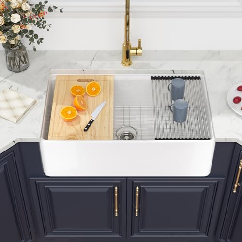 Kichae 33 Inch White Farmhouse Kitchen Sink Workstation Apron Front