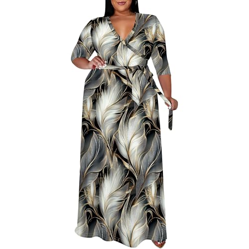 Image of SUZONANA Women's Plus Size Maxi Dresses Casual Loose Short Sleeve Long Maxi Dress with Belt Wedding