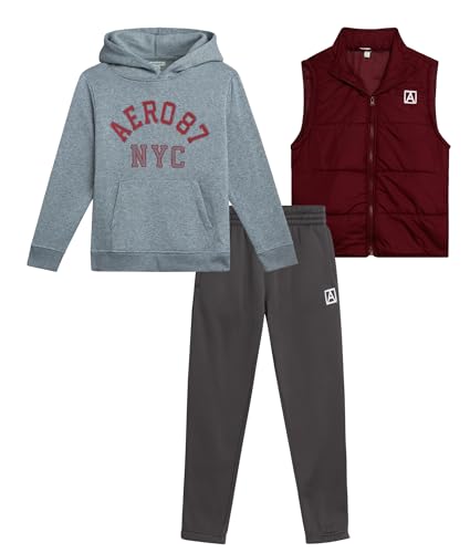 AEROPOSTALE Boys Sweat Set - 3 Piece Pullover Boys Hoodie Puffer Vest and Jogger Sweatpants Kids Youth Matching Set (4-12)