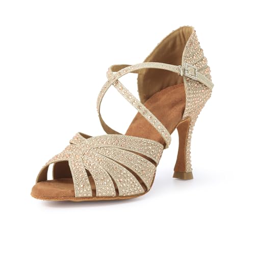 Syrads Zapatos De Baile Latino para Mujer Salsa SalóN con PedreríA Zapatos Dancing Party,Oro 9cm Heel,38 EU