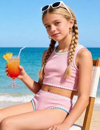 Image of Girls Bathing Suit Toddler Swimsuits 2 Piece Bikini Sets Round Neck Colorful Lace Teen Girls Swimwear 3-14T